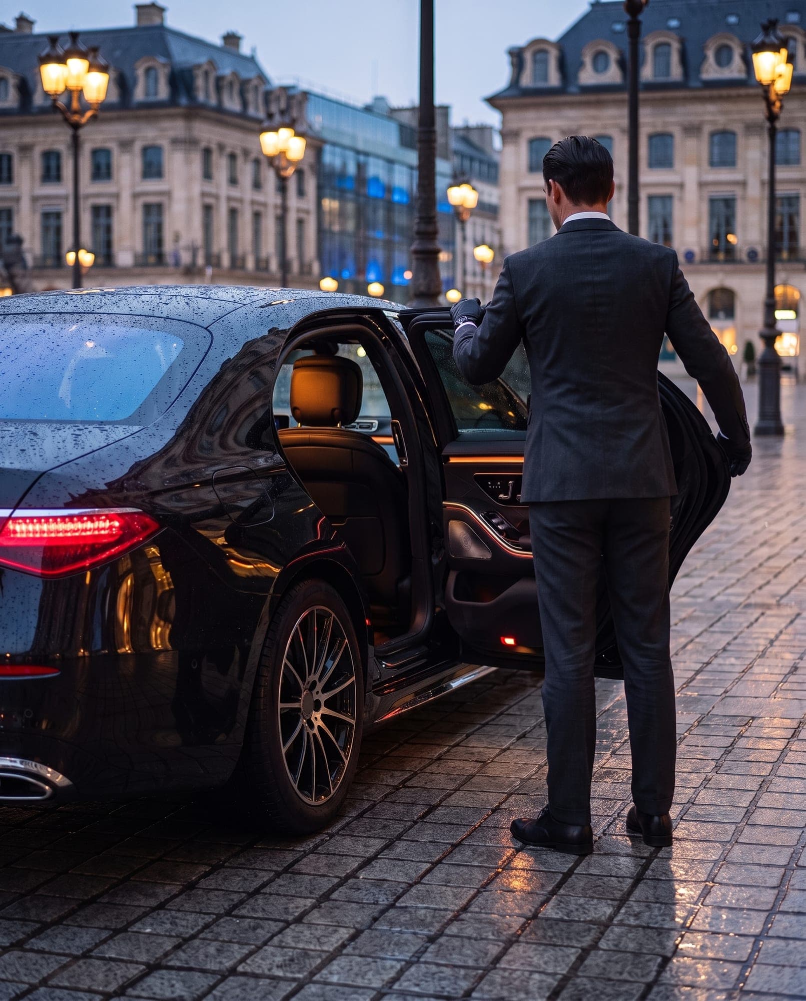 Chauffeur in kostuum houdt het achterportier open van een donkere luxe sedan
