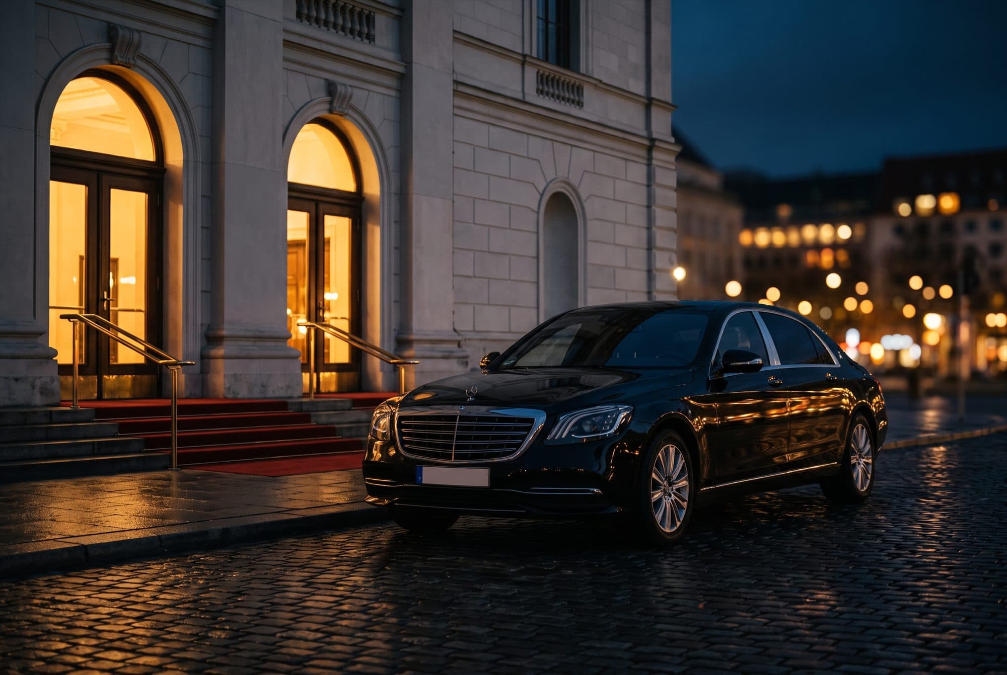 Luxe sedan voor de verlichte entree van een concertgebouw bij avond
