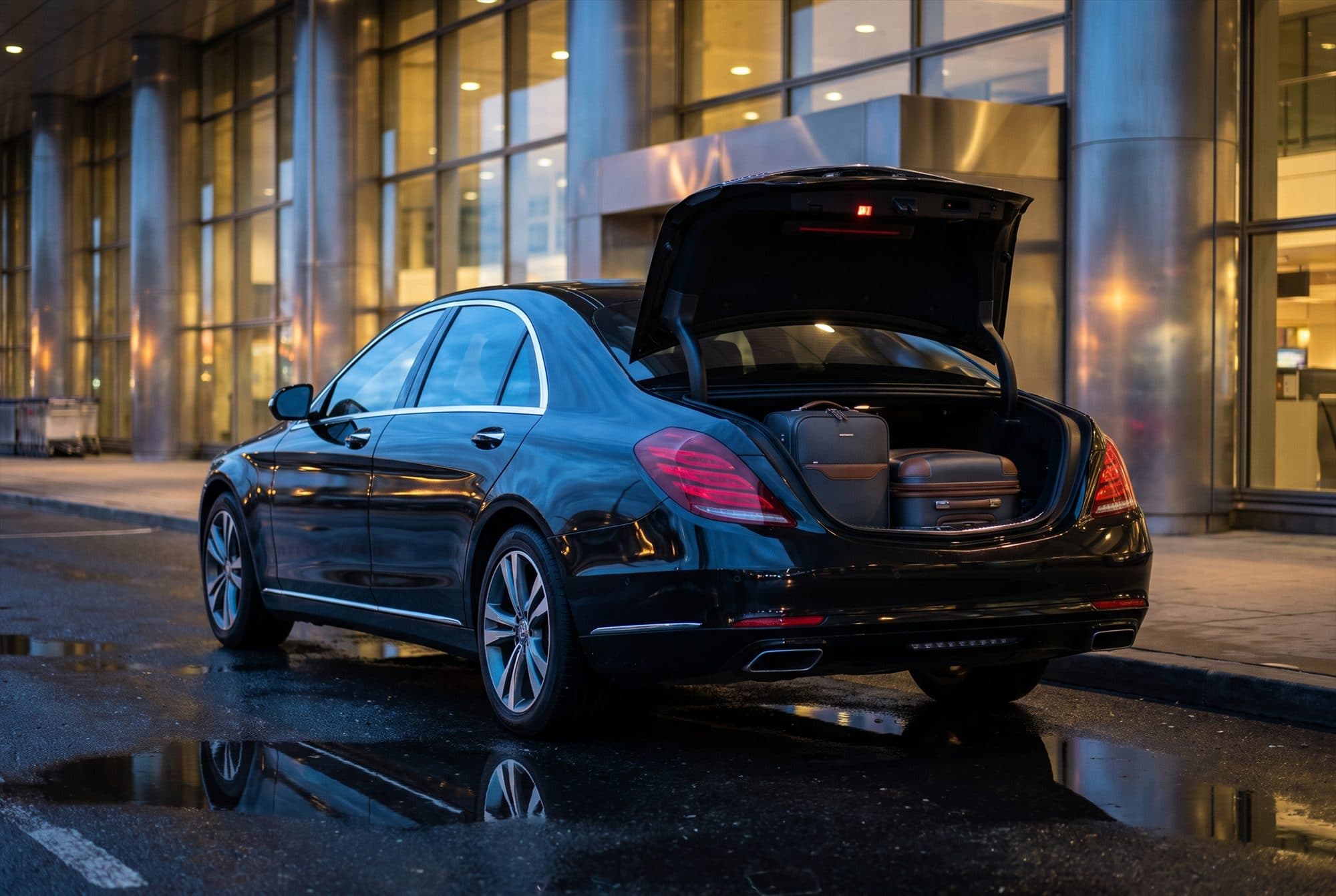 Luxe sedan met open kofferbak en koffers bij de vertrekhal van een luchthaven