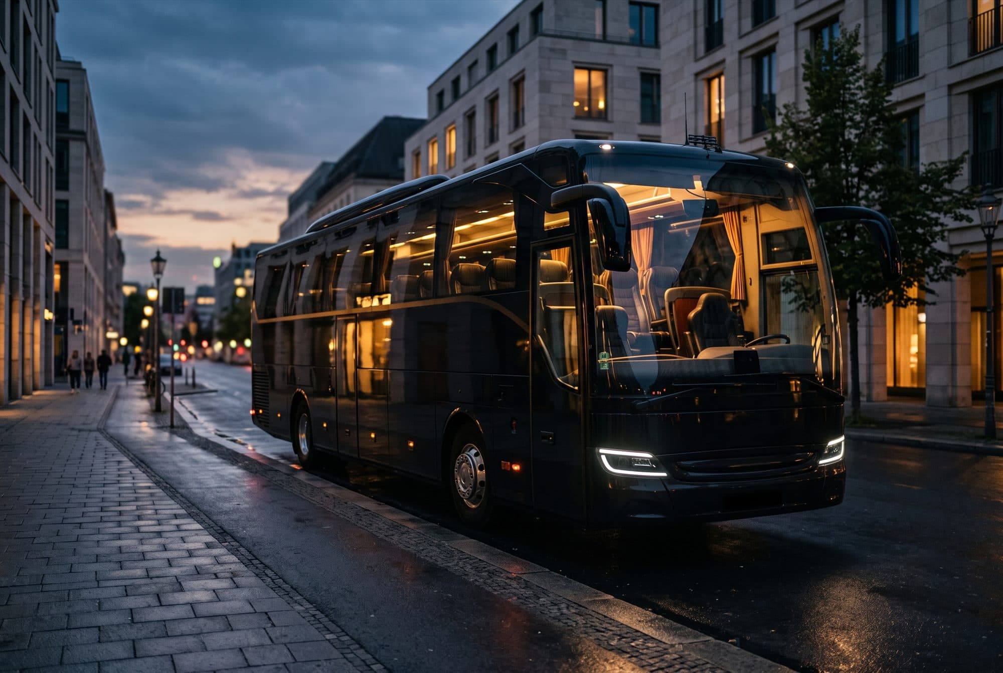 Moderne luxe touringcar met verlicht interieur in de schemering