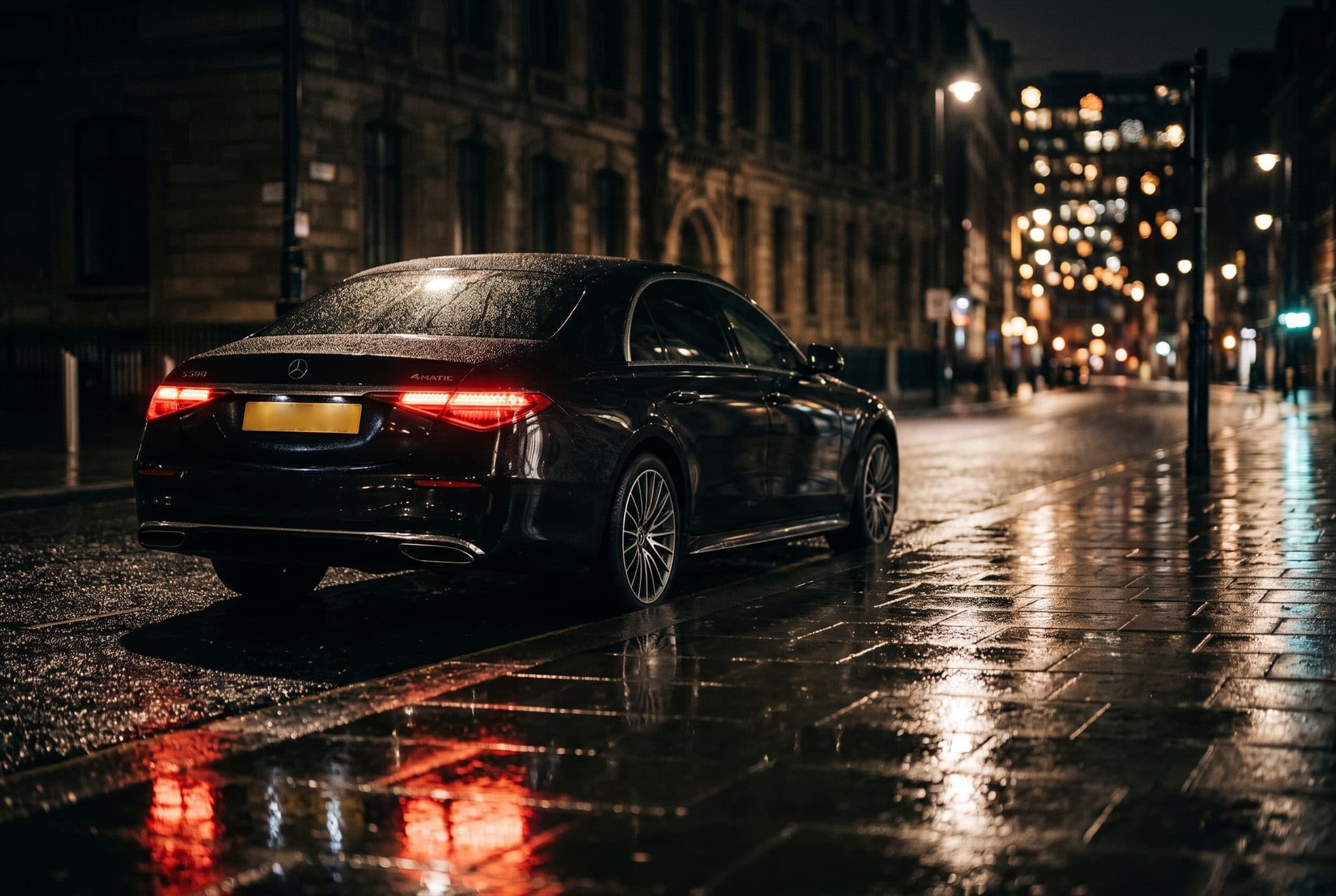 Donkere luxe limousine op een natte straat in de stad bij nacht